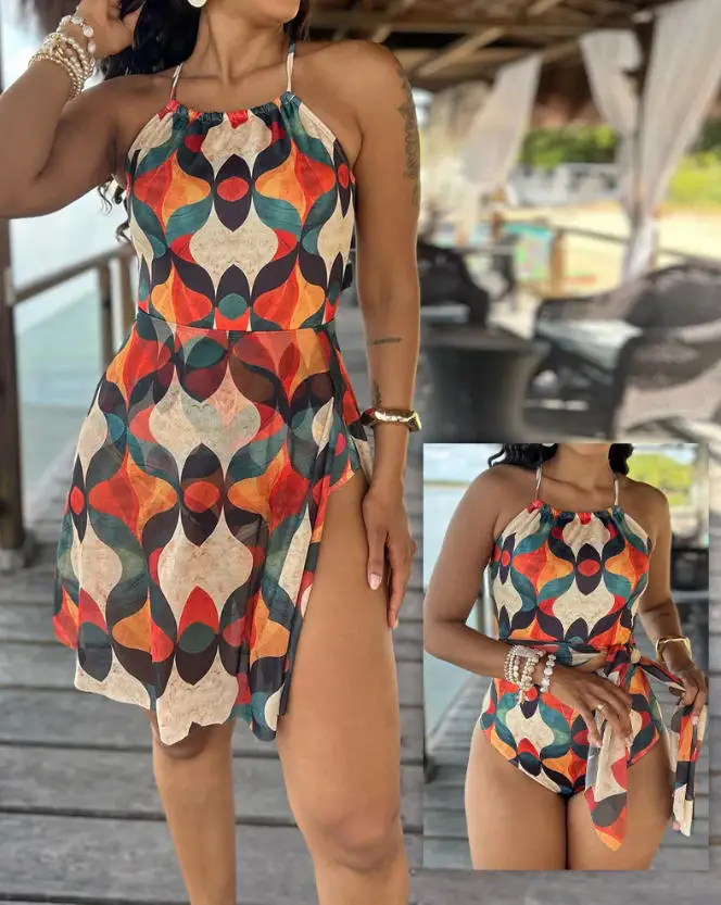

Women Dress 2026 Spring Summer New Geometric Print Backless Lace Up Halter Beach Vacation Mini Dress with Built-In Underwear