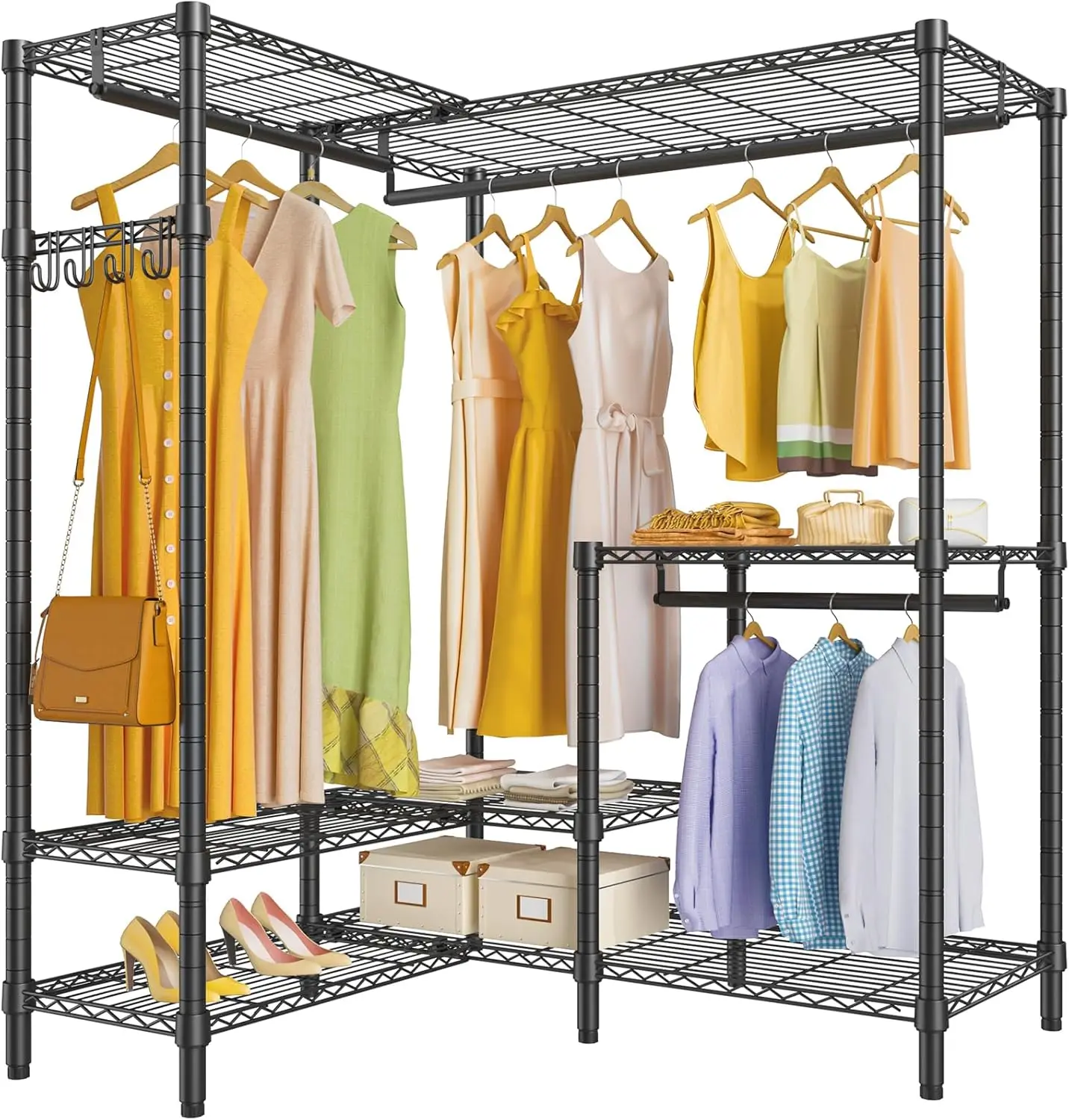 L3 Clothing Rack, L Shaped Heavy Duty Garment Rack for Hanging Clothes, Corner Clothes Rack, Freestanding Closet System with Adj