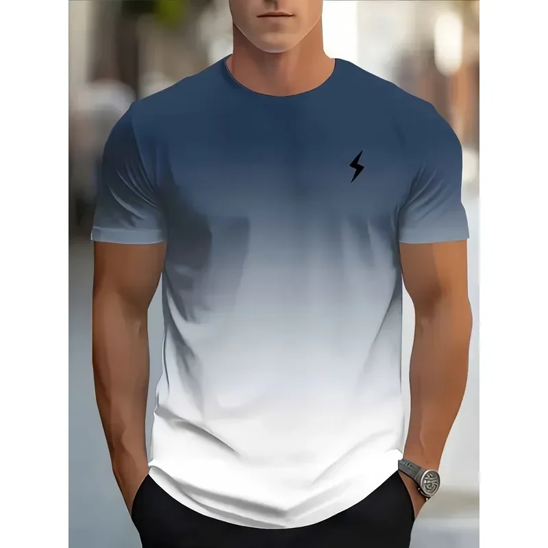 3D Digital Print Men Gradient Color Crew Neck T Shirt Lightning Bolt Short Sleeve Casual Daily Tee 2026 Summer Fashion Top
