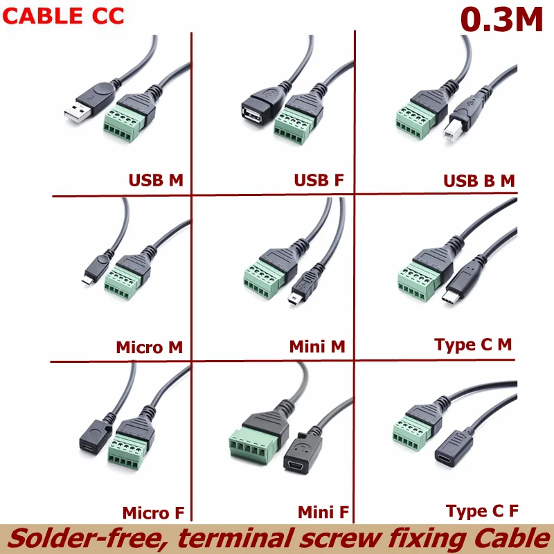 

1ft USB 2.0 Female B Micro USB Mini USB Type-C Male to 5 Pin Female Bolt Screw Connector with Shield Terminal Plug Adapter Cable