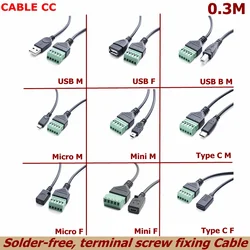 1ft USB 2.0 Female B Micro USB Mini USB Type-C Male to 5 Pin Female Bolt Screw Connector with Shield Terminal Plug Adapter Cable