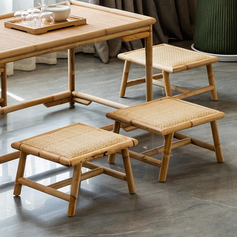 

Bamboo Rattan Weaving Low Stool Japanese Style Living Room Square Seat Comfortable Sponge Tearoom Stools Retro Home Furniture