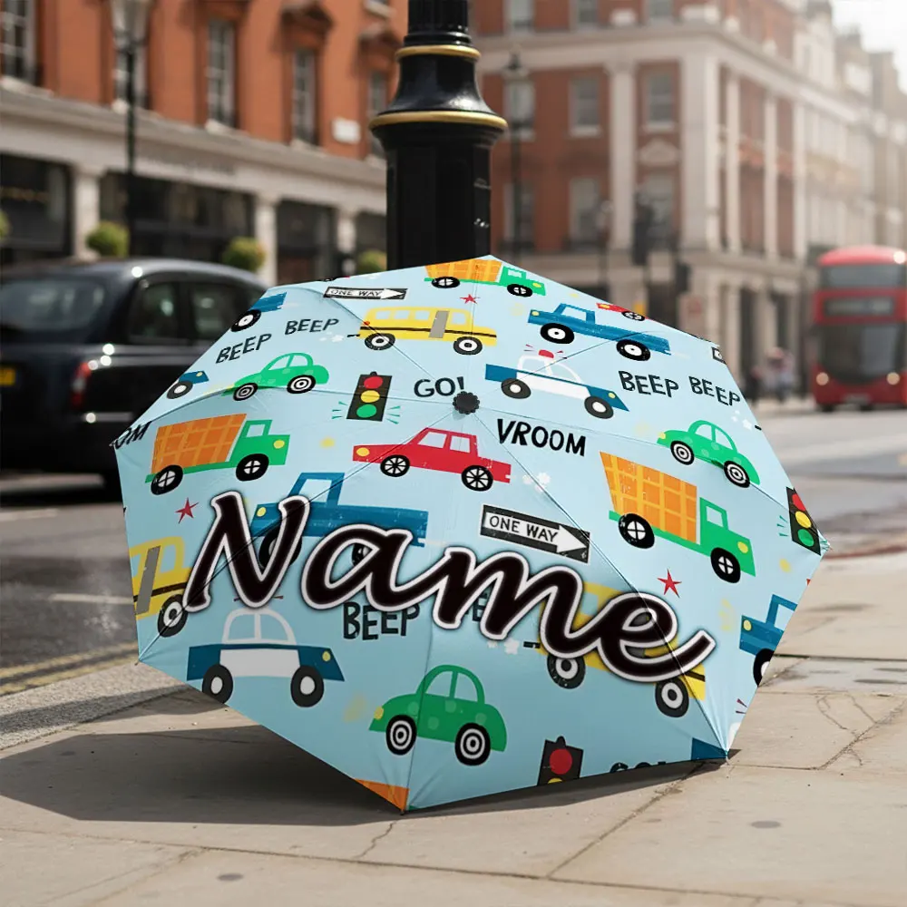 Custom Name umbrella, Colorful Kids Car Pattern Umbrella Fashion Folding Umbrella for Sunny and Rainy Days, Christmas Gift
