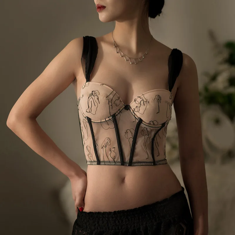 2023 New French Retro Style Temperament Camisole Top Female Bustier Bra Chiffon Fish Bone Camisole Cropped Tank Tops y948