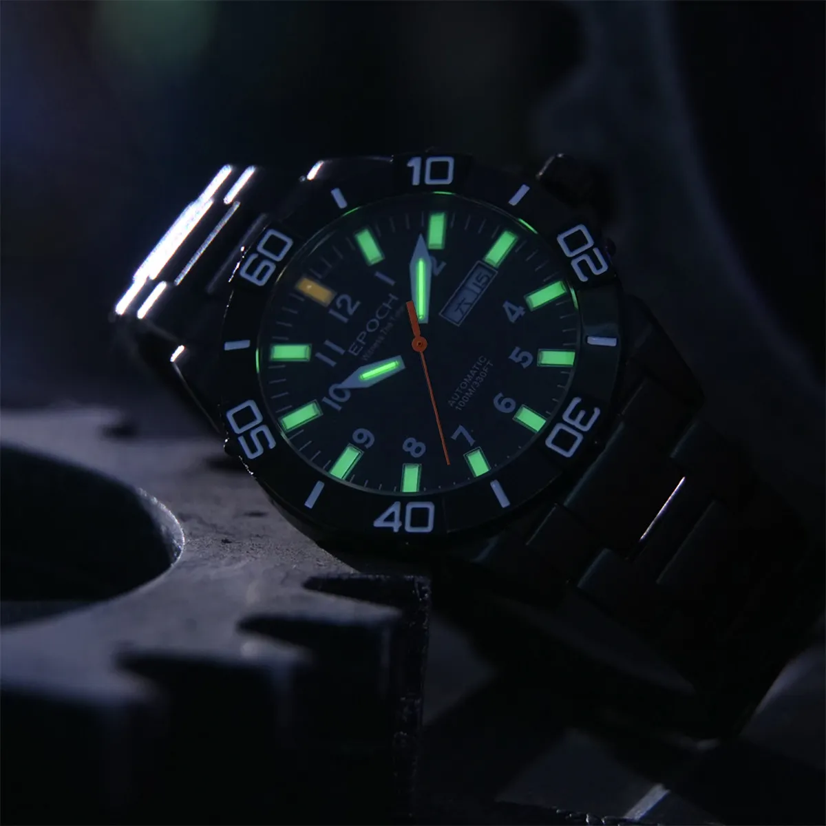 EPOCH Men Automatic Watch 43mm Mechanical Wristwatch Luminous Tubes 100M Waterproof Sapphire Mirror Dual Calendar Week Date