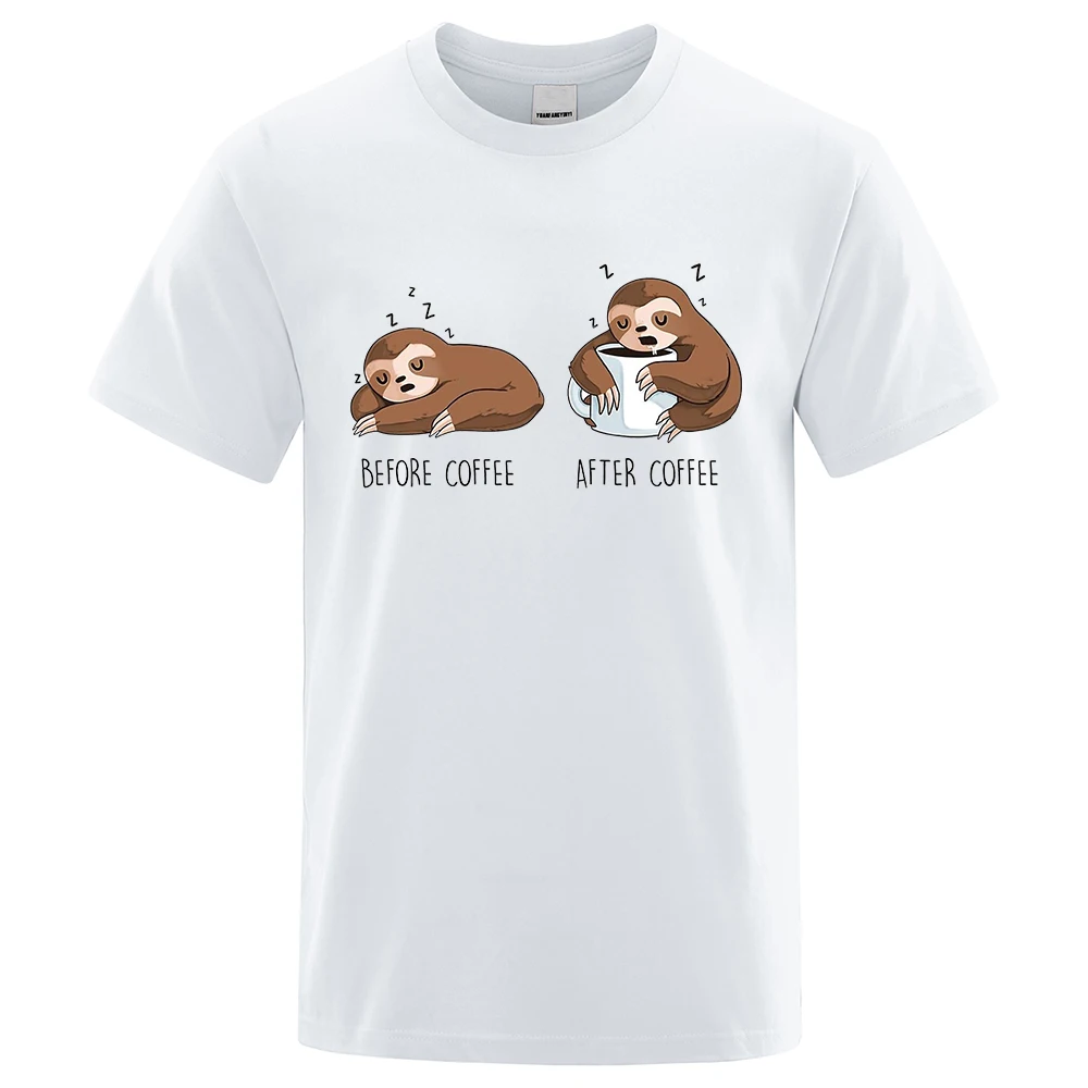 Cute Lazy Sloth Coffee Cartoons Printed T Shirt for Men Women Cotton Top Tee Shirts Casual Short Sleeve T-shirts Funny Clothes