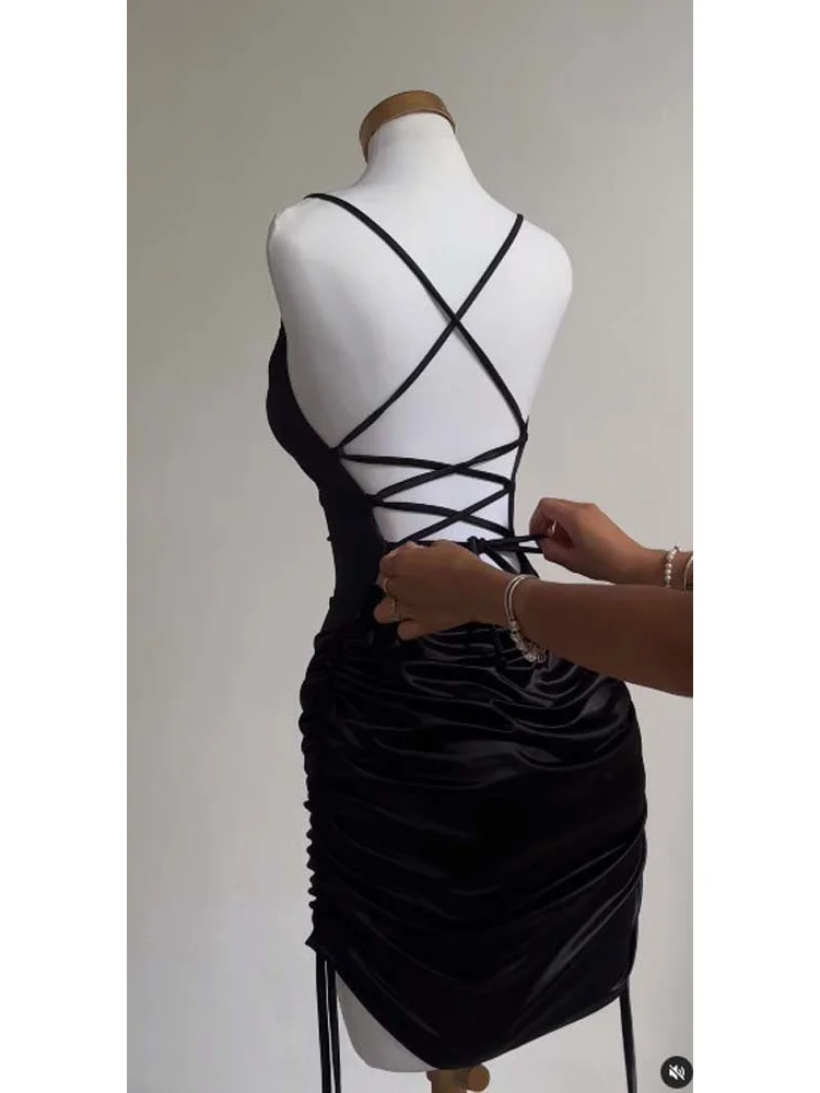 Sexy Satijn Lace Up Bodycon Mini Jurk Vrouwen Mouwloze Backless Party Club Jurken Streetwear Elegante Avondkleding Zwart Gewaad