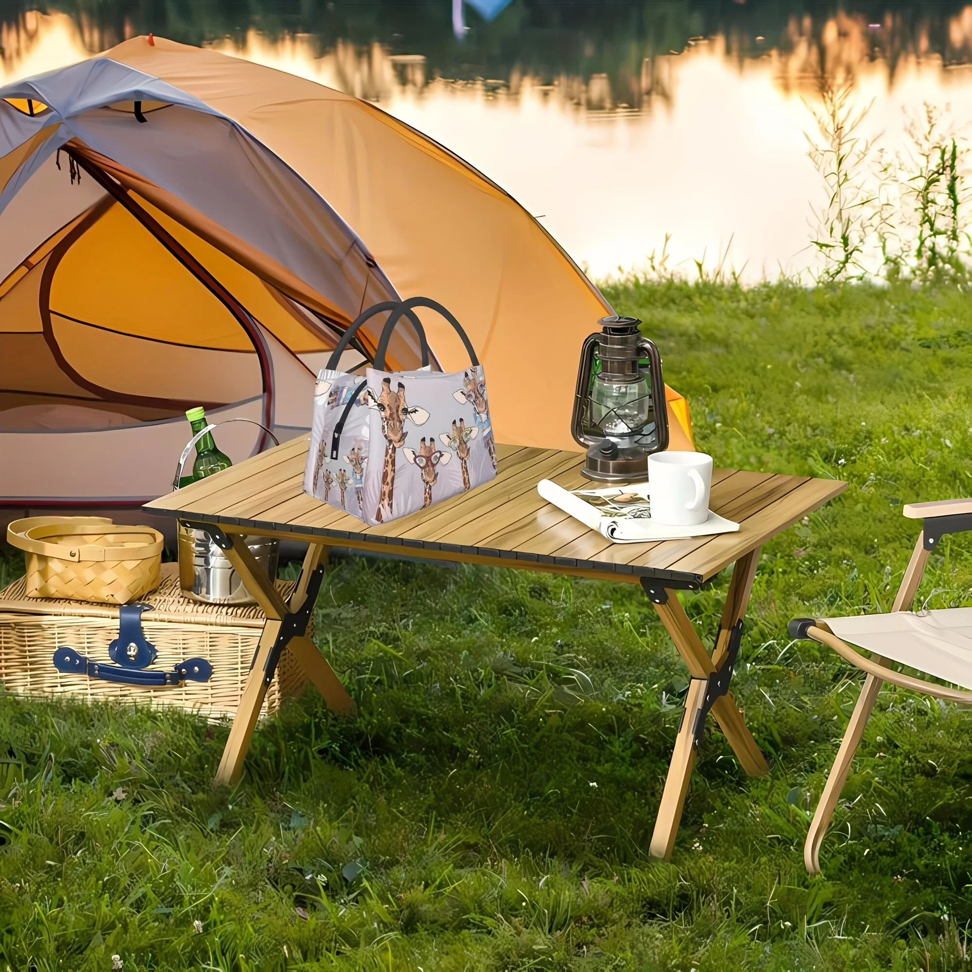 حقيبة مبردة محمولة وقابلة لإعادة الاستخدام بنمط زرافة مضحكة بأربعة زرافات، حقيبة غداء معزولة، يجب اقتناؤها للتخييم على الشواطئ