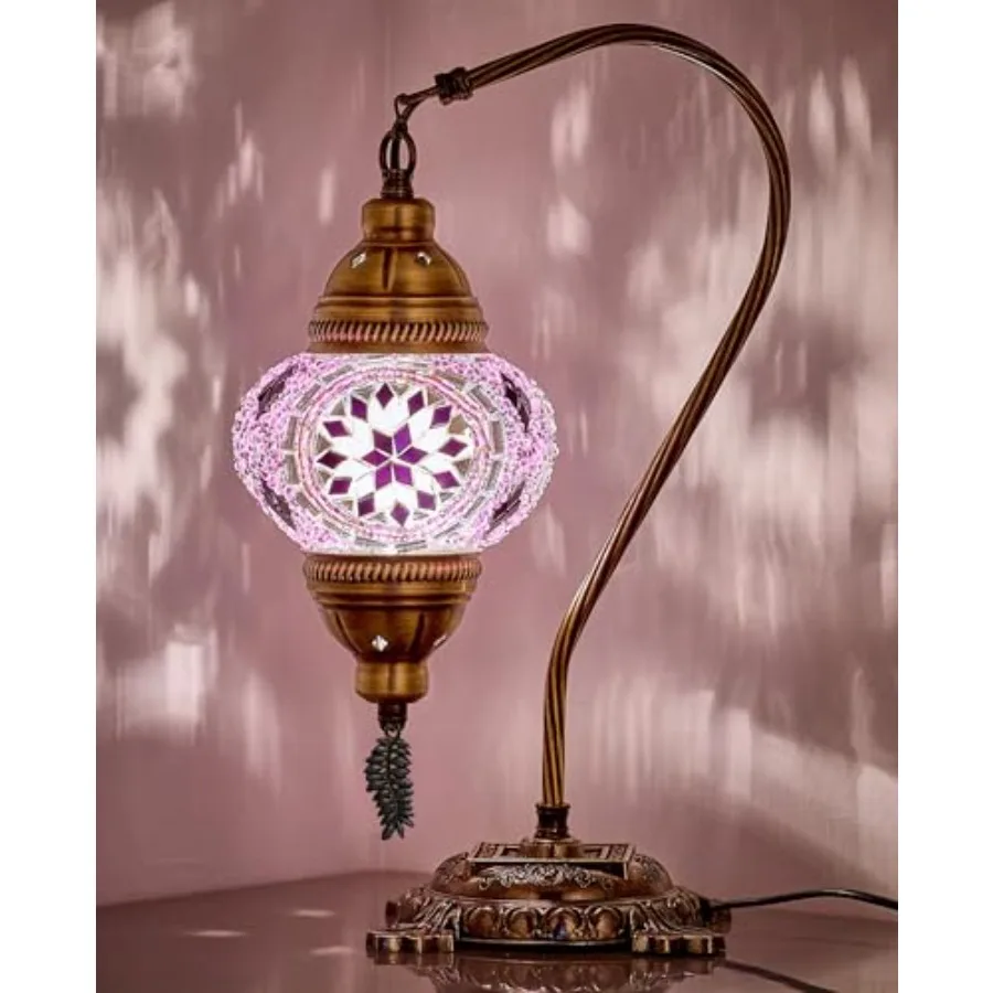 

Turkish Moroccan Mosaic Table Lamp Handcrafted Tiffany-Style Colorful Glass Swan Neck Bedside, Desk, Table Light, Boho Artisan