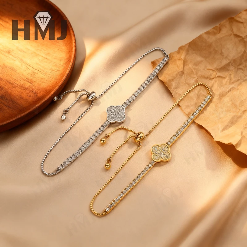 

Браслет Lucky Clover из муассанита с круглыми камнями, регулируемые модные украшения для женщин, идеально подходящие для Рождества и Пасхи