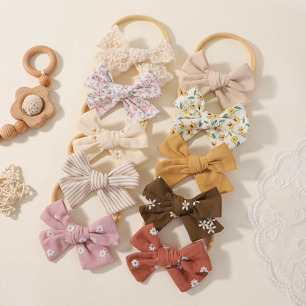 

5 комплектов/лот (50 шт.), тканевые повязки на голову с бантом ручной работы, 3,8 дюйма, для маленьких девочек