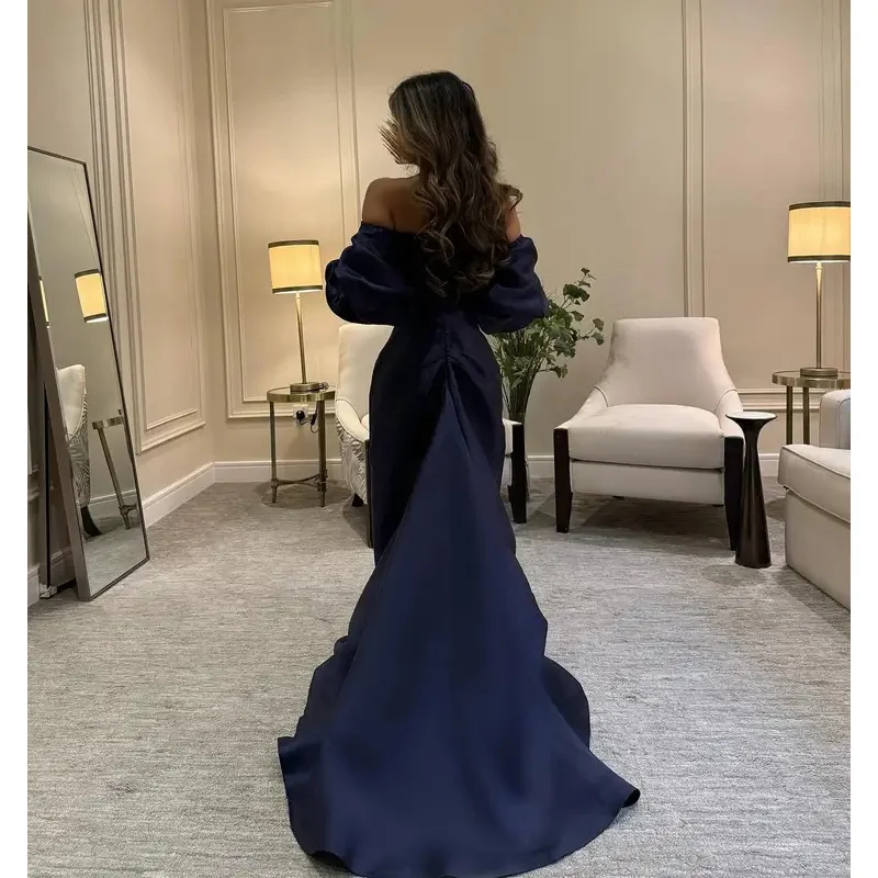 Fimora customized Blue Mermaid Prom Dress Women's Off Shoulder Simple Party Evening Dresses Floor Length Special Occasion Gowns