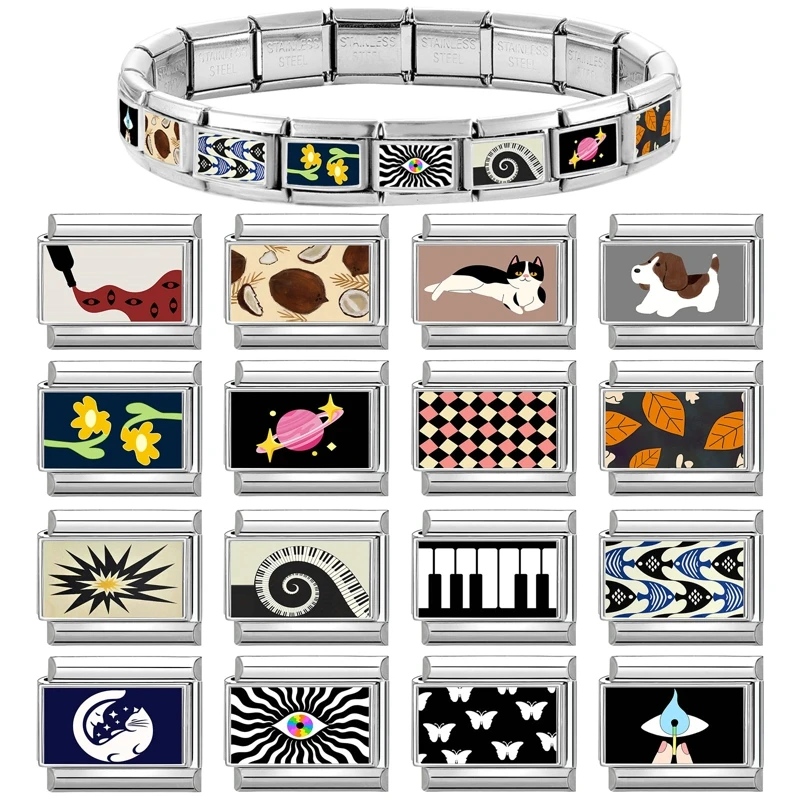 Black Piano Cat Dog Rainbow Eye Pattern Italian Charm Links Fit 9mm Stainless Steel Jewelry DIY Making Bracelet Gift Wholesale