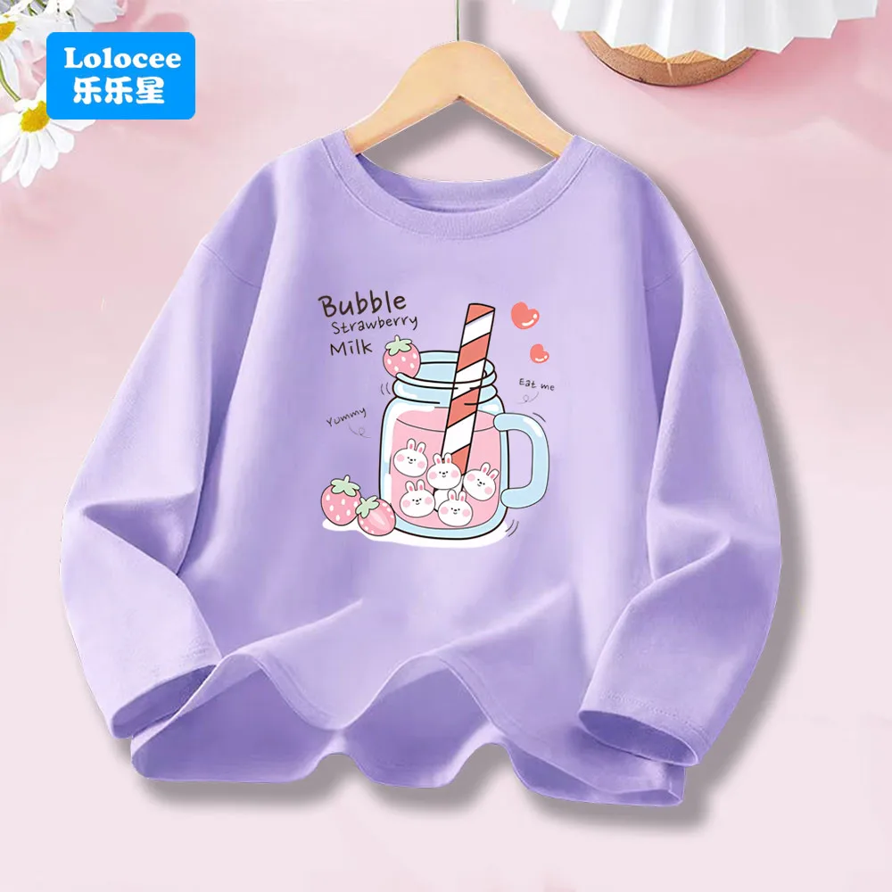 Lila Langarm-T-Shirt für Mädchen, Kawaii Bunny & Strawberry Milk Cartoon Graphic Tops, süßes Freizeit-T-Shirt für Kinder YLNN1