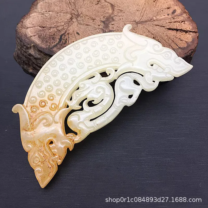 Natural White Jade Pendant with Dragon Design, Semi-Circular Tadpole Pattern Carved Jade Waist Pendant
