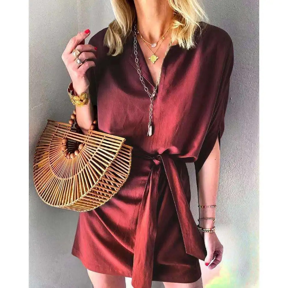 Zomer Nieuwe Dames Veters Satijn Casual Kleur Dr V Ne midden Taille Vijf Sve Polyestervezel Enkel Stuk Grote Schommel pe