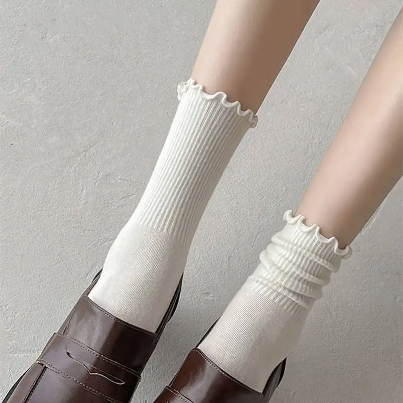3/6 Pairs Women Stacked Socks Autumn Solid Ruffle Sweet Girl Socks Korean Style Stripe Middle Tube Socks Female Soft Knit Socks