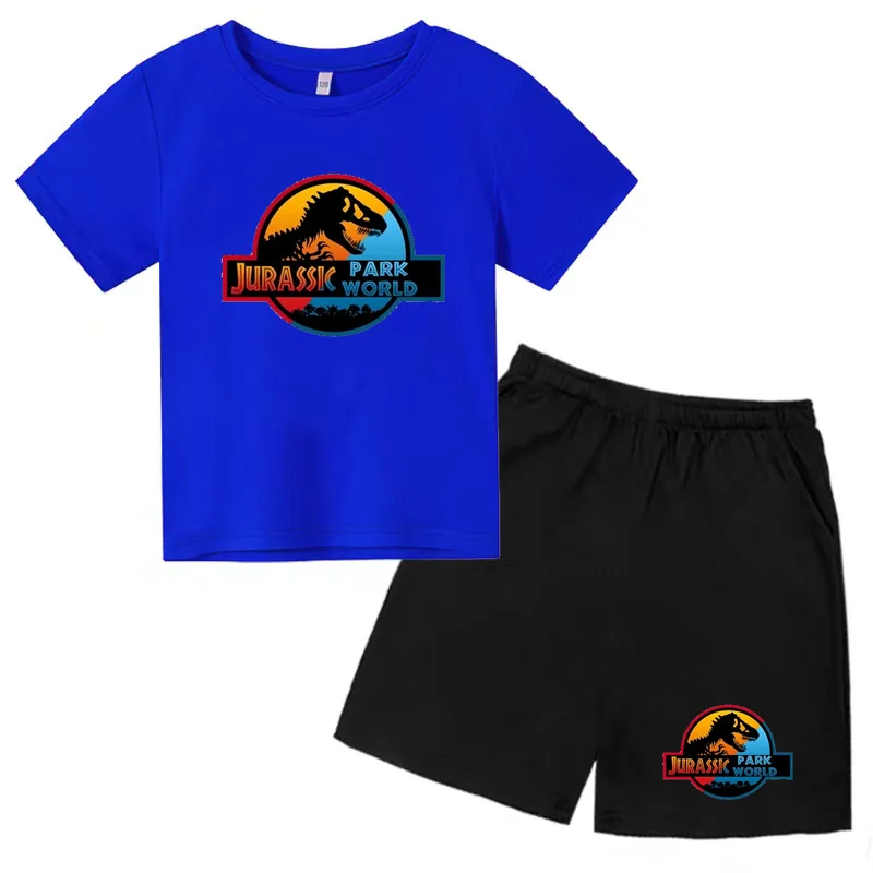 

New Jurassic Park Dinosaur Print T-Shirt Summer Kids Cartoon Fashion Trend Style Short Sleeve Top + Shorts 2P Toddler Sports Set