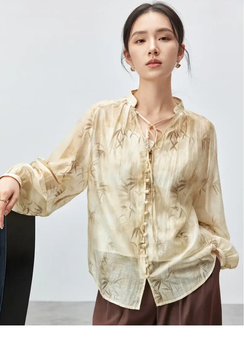 SENTUBILA 2 Piece Sets Outfits Women's Clothing 2025 Autumn Basic Vest Tops Linen Print Lantern Sleeve Lace-Up Shirts 143V55857