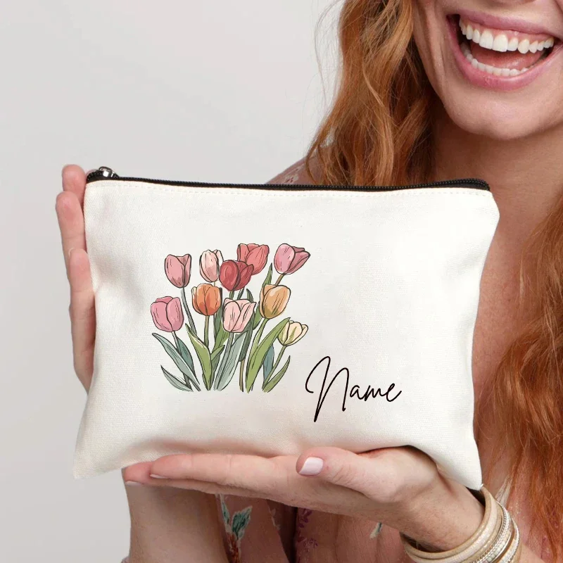 

Tulip Flowers Customized Name Cosmetic Bag Wedding Bride Bridesmaid Lipstick Pouch Travel Storage Makeup Bags Personalized Gift