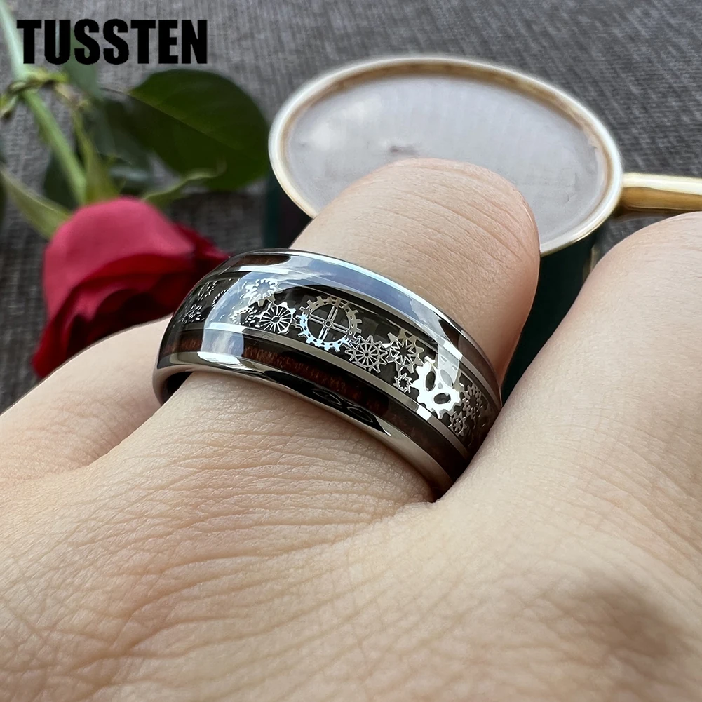 Dropshipping TUSSTEN 10MM Homens Mulheres Anel de Engrenagem Legal Banda de Casamento de Tungstênio Acabamento Abóbado Com Instrumento de Madeira Conforto Ajuste