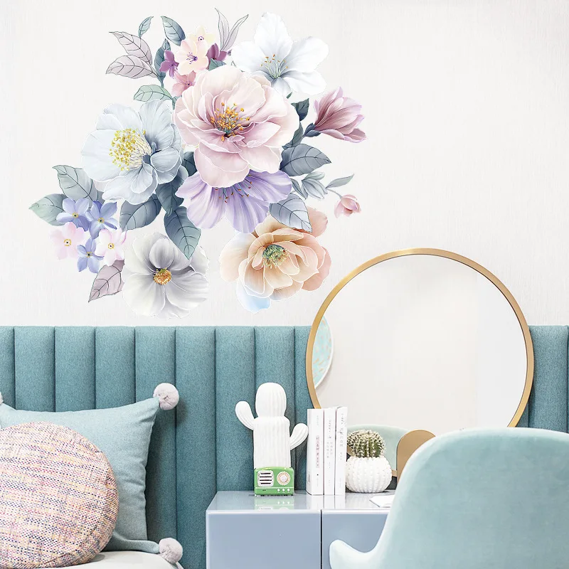 Artistic Watercolor Pink Blue Flower Wall Sticker, Bedroom And Living Room Wall Decoration Waterproof Sticker