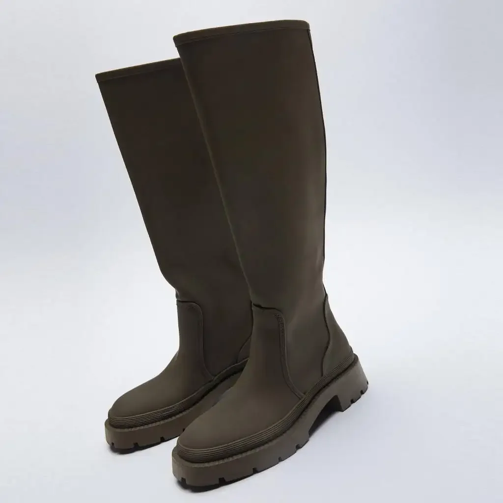 2026 New Style Rain Boots Knee Platform Chunky Heel Long Boots Black/gray Women Fashion Shoes Fleece Lining High Boots