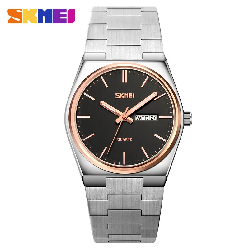 Skmei Skmei-Montre à Quartz en Acier Inoxydable pour Homme, Fine, Double Calendrier, Monochromatique, Business, Mode Décontractée