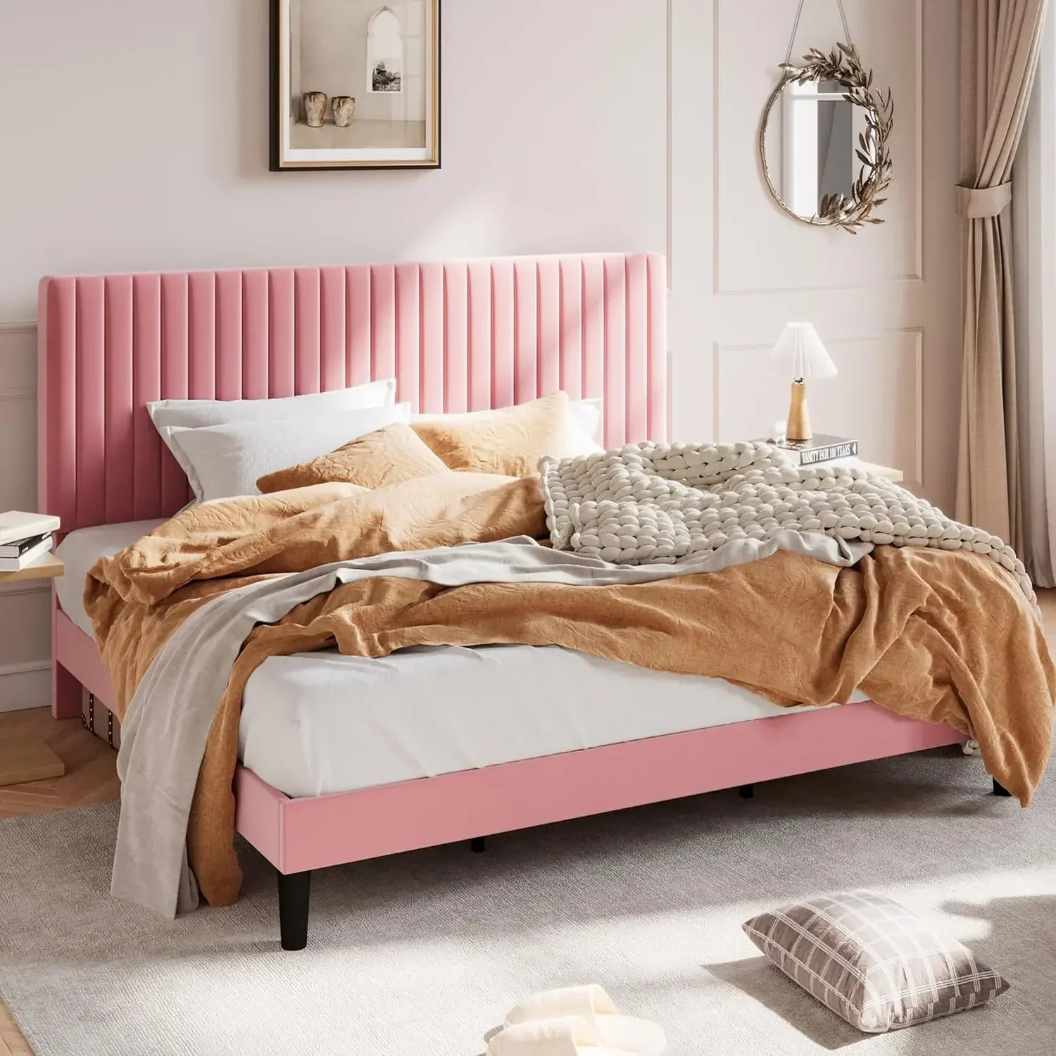 

Pink Upholstered Platform Bed Frame with Adjustable Headboard/Vertical Channel Tufted Velvet Fabric/Mattress Foundation