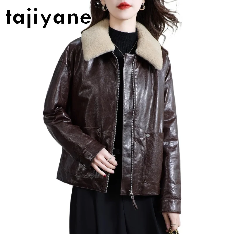 TAJIYANE Płaszcz z prawdziwej skóry owczej z puchem gęsim, damska krótka kurtka puchowa ze skóry naturalnej z wełnianym kołnierzem, odzież zimowa 2025