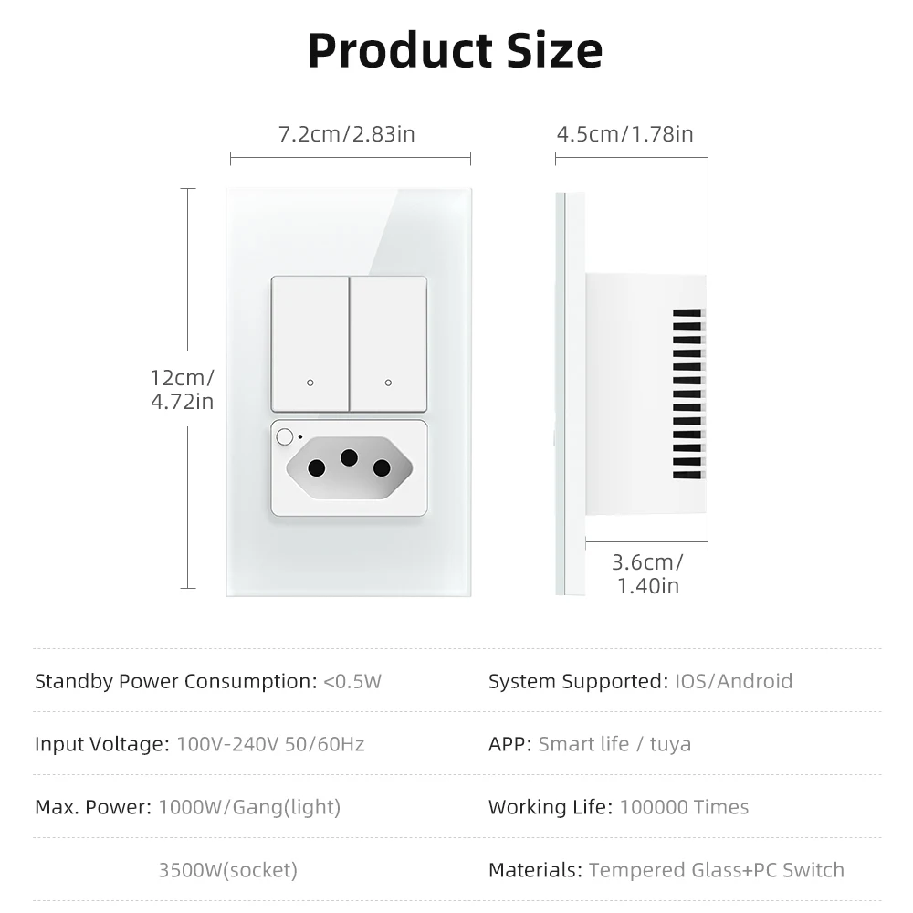 AVATTO Tuya WiFi Smart Wall Switch & Socket Brazil Standard 4X2 Glass Panel 1/2 Buttons Light Switch Work With Alexa,Google Home