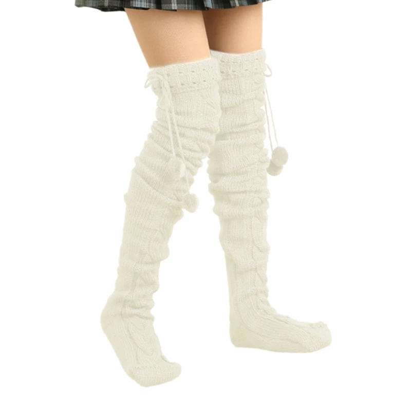 SZL Women's Knitted Over Knee Socks with Furry Balls Charm Warm Thigh High Stockings