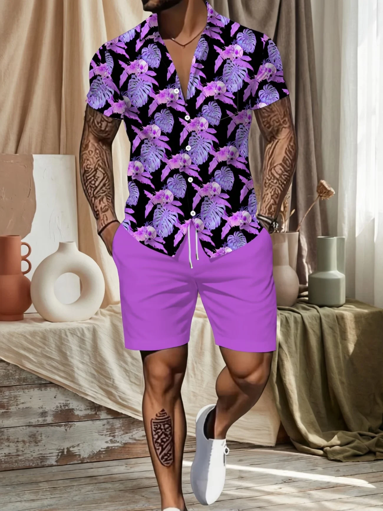 2026 New Men's 2 Piece Outfit Hawaiian Shirt & Shorts Set Tropical Skull Print Oversized Casual Summer Beach Vacation Tracksuits