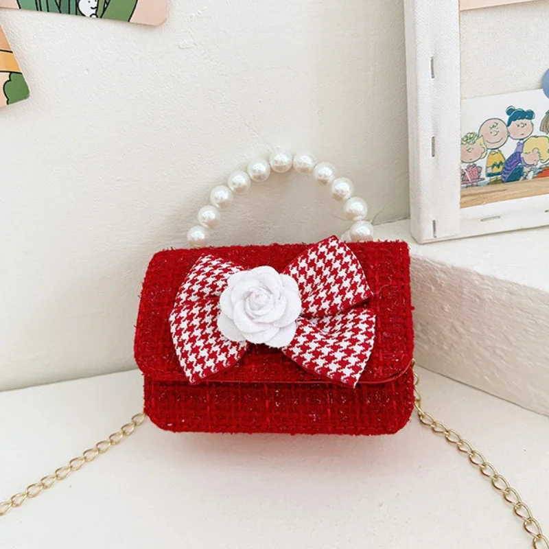 Sweet Bow Red Children\'s Shoulder Tote Bag Cute Pearl Handle Children Messenger Bags Fashion Square Kid Change Purse Handbags