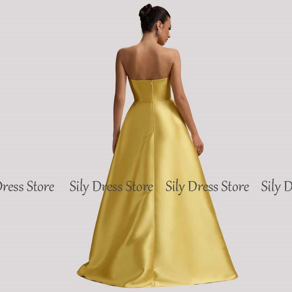 Simple Ceremony Evening Dresses 2025 Satin A-line Celebrity Dress Golden Strapless Pleat Split Prom Dress Long