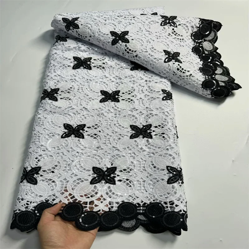 5 Yard White and black Hot Selling French Lace With Sequins African Tulle Cord Net Embroidered Fabric For Wedding Party 9L604283