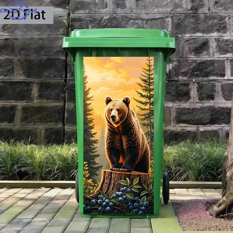 Printing Trash Can Sticker 37×82cm, Forest Brown Bear Shadow Themed Design, Self-Adhesive Wall Decal Wallpaper, Kitchen Trash