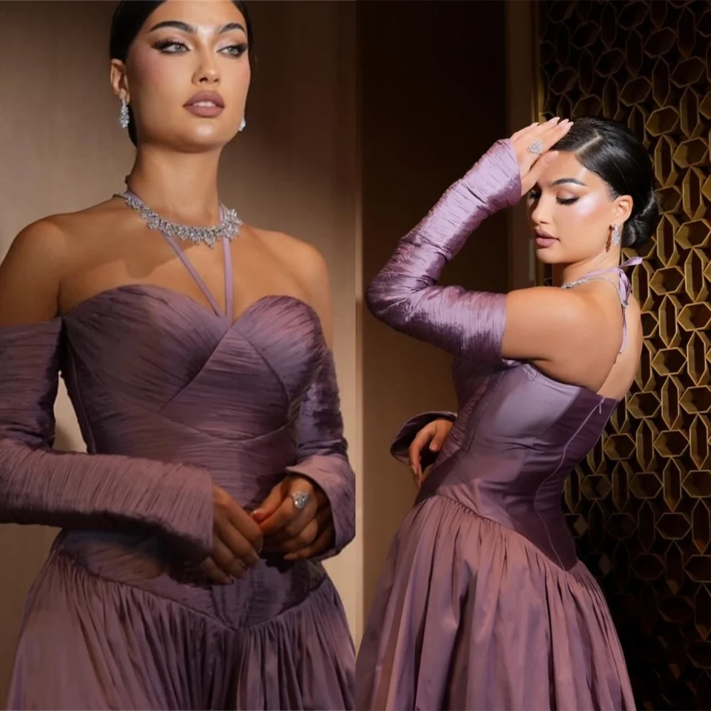 Customized Delicate Purple Satin Evening Dresses High Quality Sweetheart Homecoming Dresses Detachable Sleeve Party Gowns
