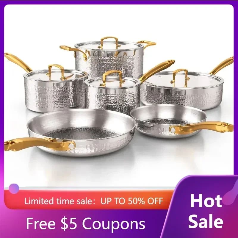 

Pots and Pans Set Tri-Ply Stainless Steel Hammered Kitchen Cookware, Induction Compatible Professional Grade Cooking Sets