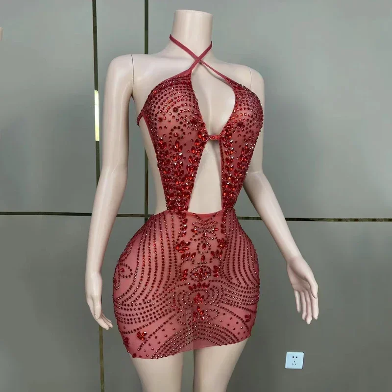 Full Shiny Rhinestones Cutout Mini Party Dresses Women Singer Celebrate Dress Costumes Festival Outfit Stage Performance Wear