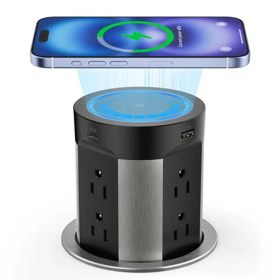 

Встраиваемая розетка для кухонной столешницы, беспроводная зарядка 15 Вт, электрическая розетка USB-C 75 Вт, 8 розеток и 4 порта USB.