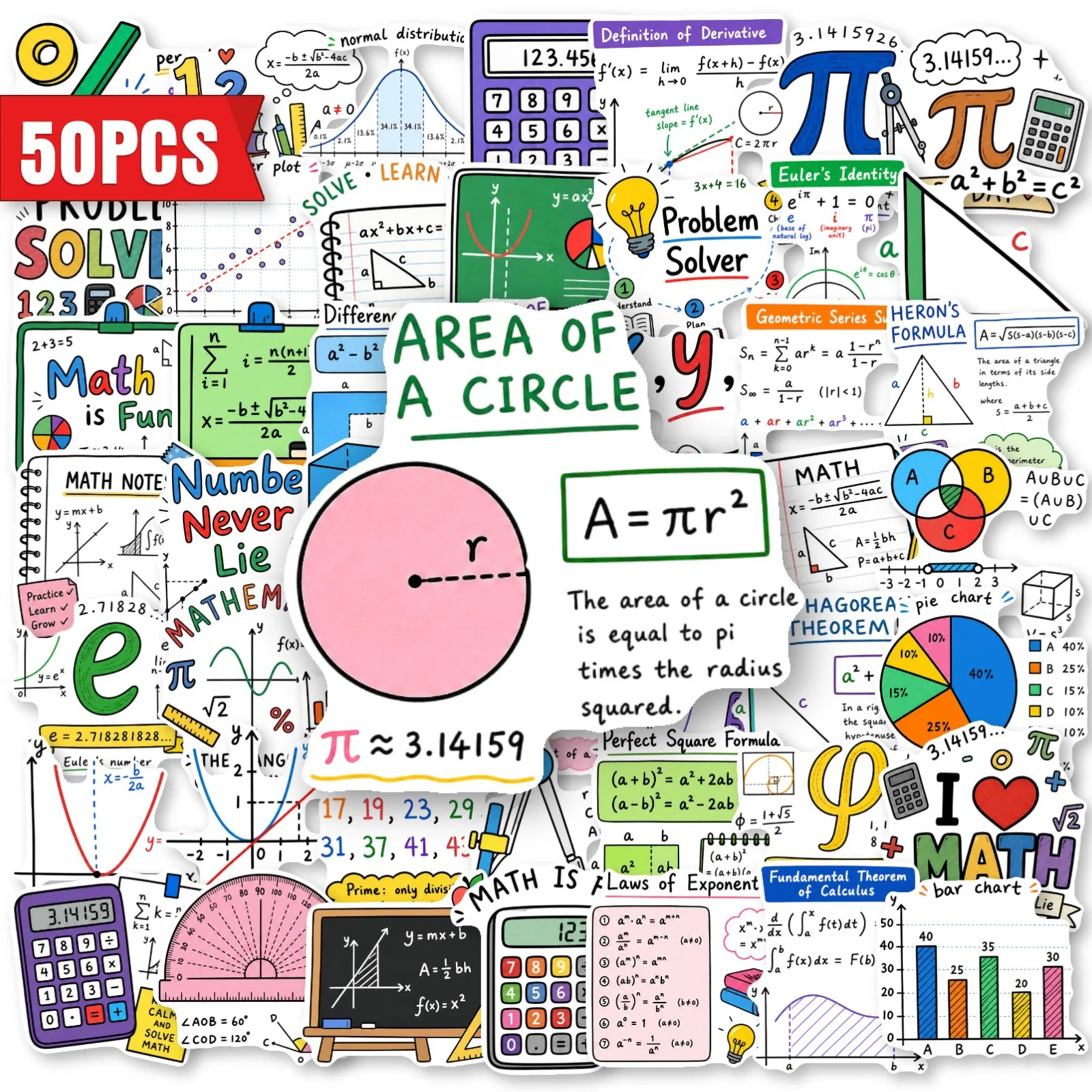 50 PCS Math Formula Function Geometry Science Theme Stickers Student Stationery Diary Hand Account Material Waterproof Decals