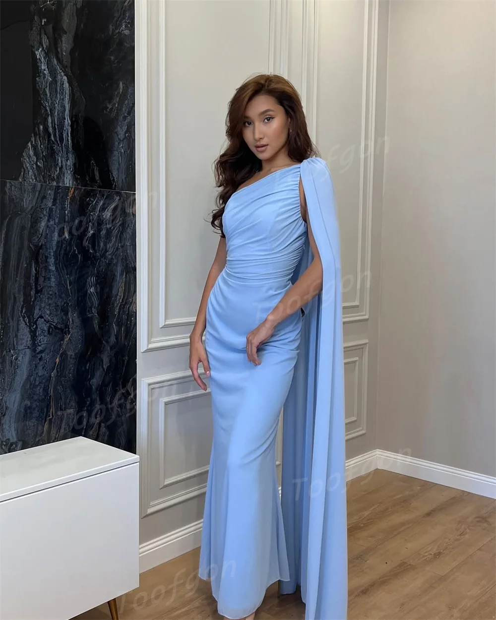 Toofgon moderno azul chiffon sereia vestidos de noite personalizado longo cabo um ombro ocasião especial vestido de festa vestidos de baile