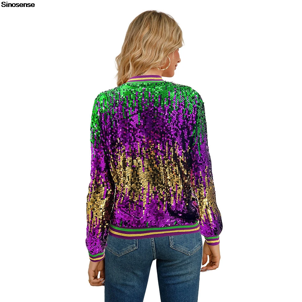 Womens Sequin Bomber Jacket Glitter Sparkle Blazer Long Sleeve Front Zip Up Jackets Y2K Going Out Night Club Party Outwear Coats