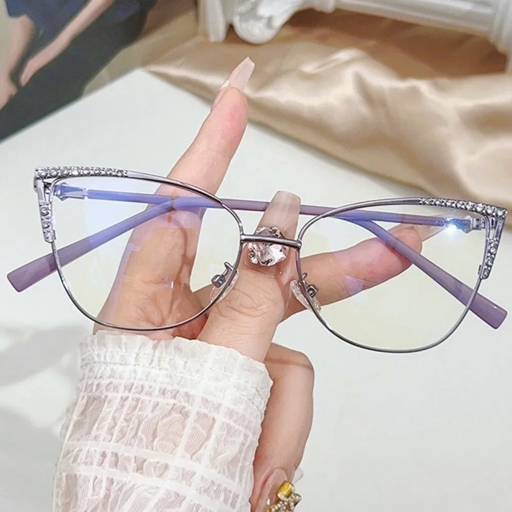 Metal Frame Cat Eye Glasses Lightweight Transparent Anti Blue Light Glasses rhinestone Studded Anti Radiation Computer Eyewear