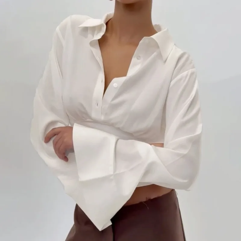 

Spring and Autumn New Commuter Wind Breasted Waist Polo Neck Shirt Sleeve Splicing Solid Color Urban Top T-Shirt Women