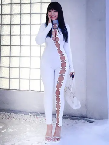 Tuta da donna attillata in tinta unita con colletto rialzato e pantaloni all-in-one a maniche lunghe con decorazione a cerchio in metallo, leggings fitness