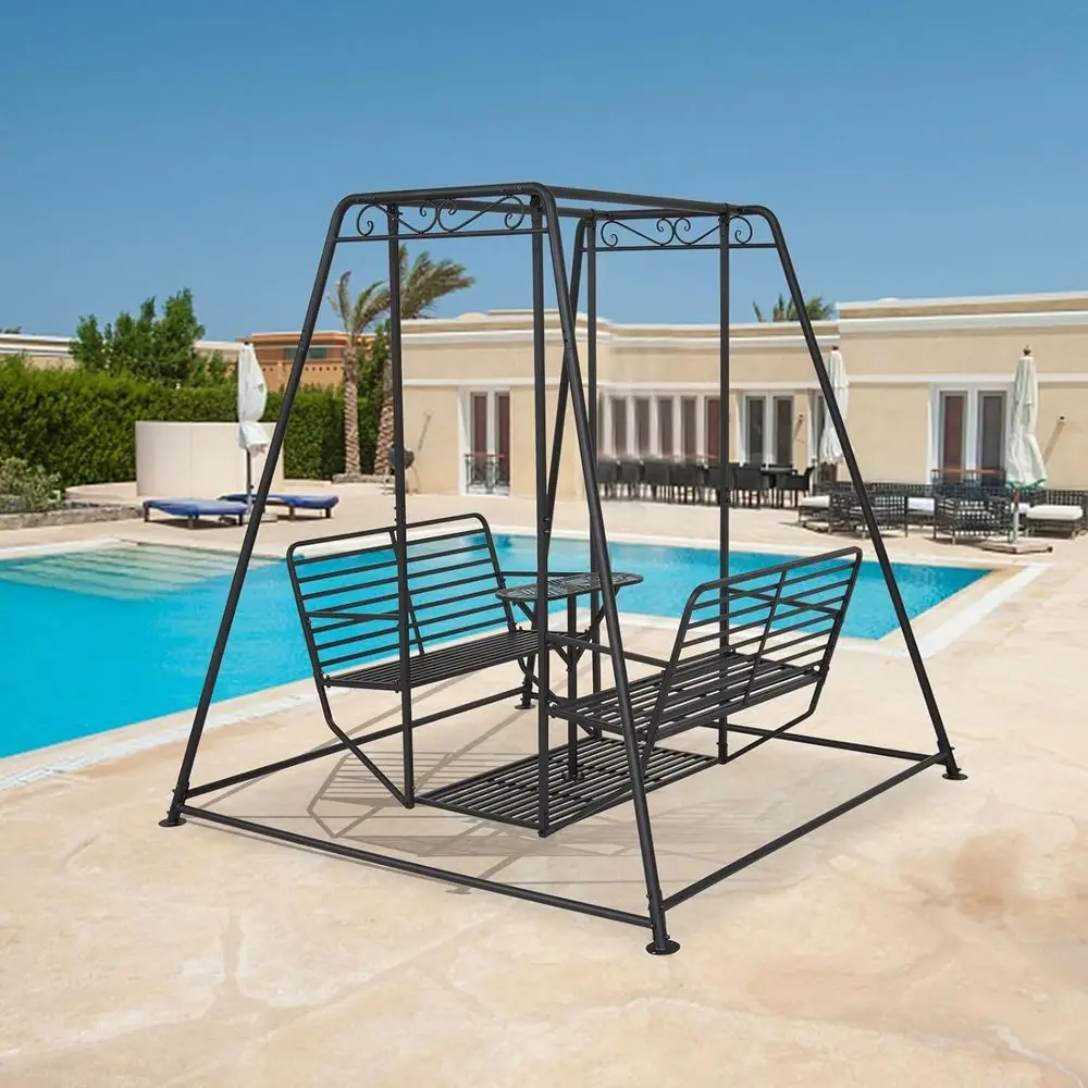 

4-Seat Metal Patio Swing with Stand, Outdoor Swing Chair Set with Backrest and Table for Garden, Backyard, Poolside (Black, 6.92