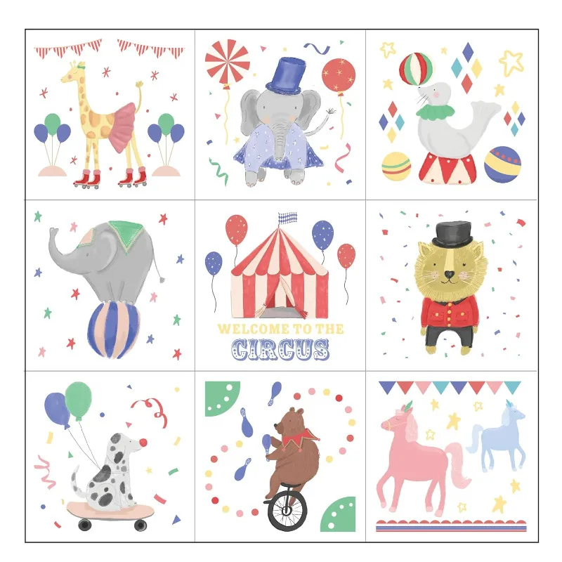 108Pcs Carnival Cute Circus Animals Giraffe Bear Lion Elephant Seal Dog Temporary Tattoos Sticker for Kids Themed Party Supplies