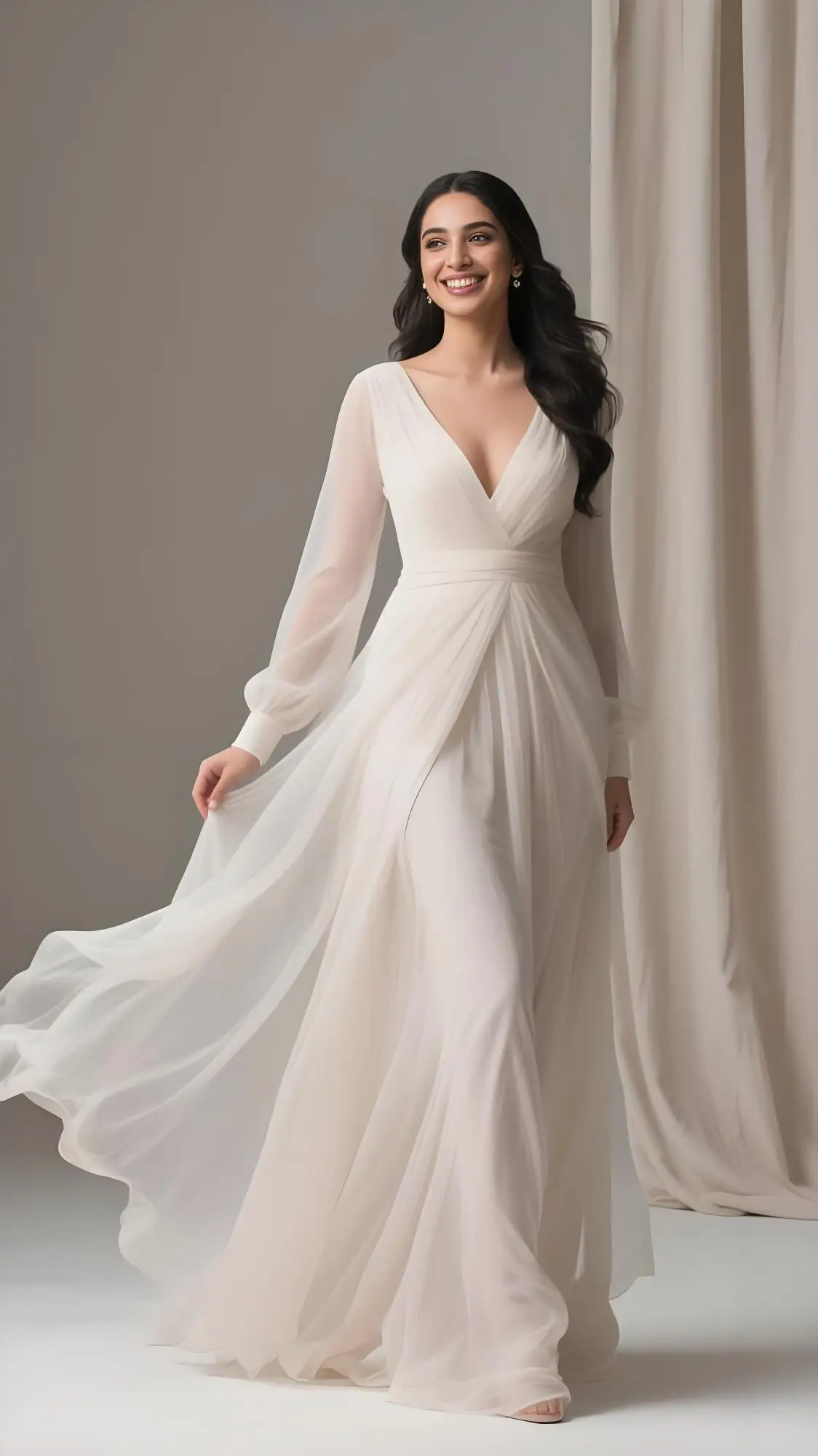 

Beshinel Customized Deep V Neck Long Sleeve Chiffon Evening Dresses Simple Sexy 2025 Floor-length Wedding Party Bridesmaid Dress
